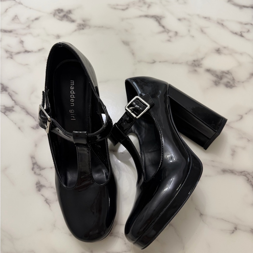 Madden Girl Shiny Black T-Strap Block Heels